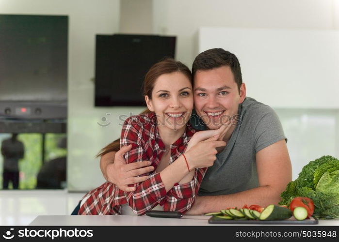 portrait of a young handsome couple in modern kitchen