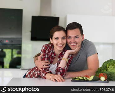 portrait of a young handsome couple in modern kitchen