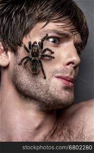 Portrait of a Young Handsome Man with Spider on His Face. Portrait of a Young Handsome Man with Big Spider on His Face