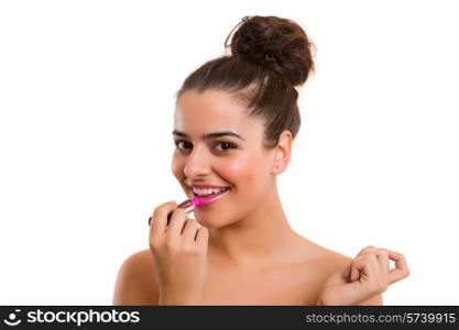 Portrait of a young makeup artist, isolated over white
