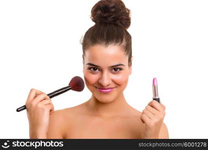 Portrait of a young makeup artist, isolated over white
