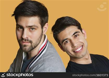 Portrait of a young male friends back to back over colored background