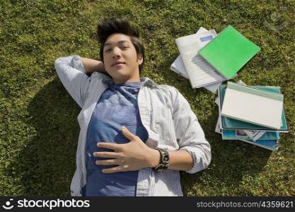 Portrait of a young man lying on grass