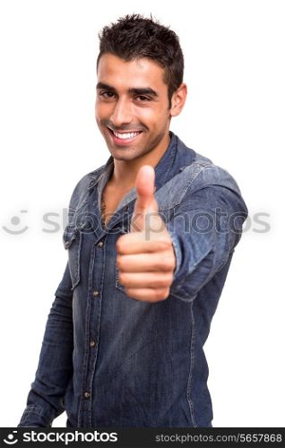 Portrait of a young man showing thumbs up