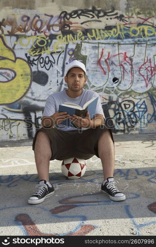 Portrait of a young man sitting on a soccer ball and holding a book