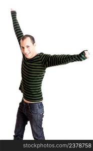 Portrait of a young man with arms up, isolated on white