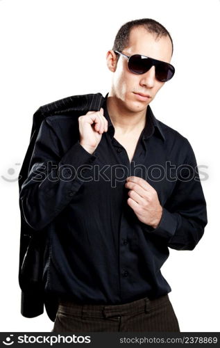 Portrait of a young man with sunglasses, isolated on white