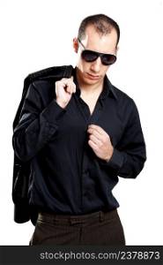 Portrait of a young man with sunglasses, isolated on white