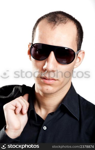 Portrait of a young man with sunglasses, isolated on white