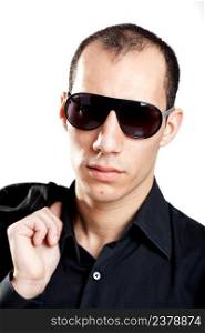 Portrait of a young man with sunglasses, isolated on white