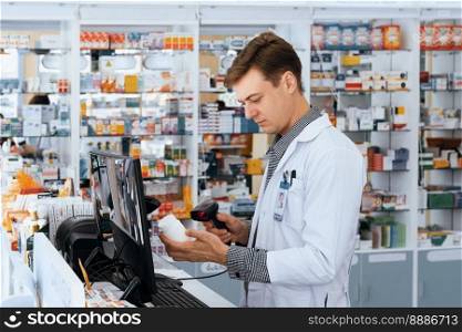 Portrait of a young pharmacist scanning the barcode of a mockup qualified pharmaceutical, medicine pill container or bottle for copyspace at pharmacy.. Portrait of young pharmacist scanning barcode of mockup qualified pill bottle.