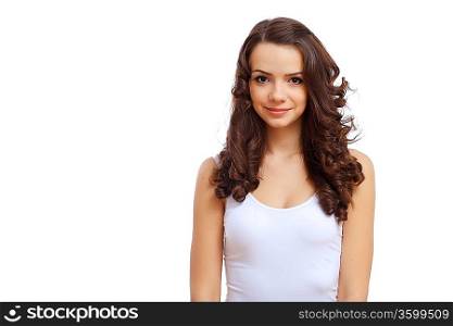 Portrait of a young pretty brunette woman against white background
