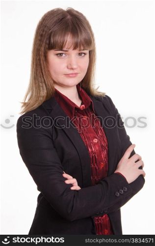 Portrait of a young, pretty, confident girl in black jacket and maroon blouse