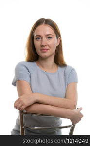 Portrait of a young pretty Girl of European type on a white background