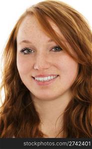 portrait of a young smiling redhead woman. portrait of a young smiling redhead woman on white background