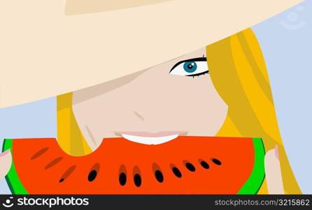 Portrait of a young woman eating a slice of watermelon