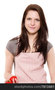 portrait of a young woman holding tomatoes. portrait of a smiling young woman with red apron holding tomatoes on white background