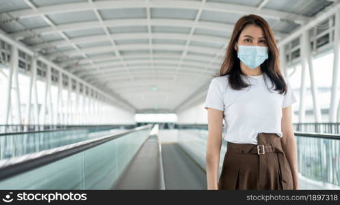 Portrait of a young woman in a medical mask for anti-coronavirus COVID-19 pandemic infectious disease outbreak protection in Public area. Concept of Virus pandemic and pollution (PM2.5)