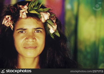 Portrait of a young woman wearing a laurel wreath, Hawaii, USA