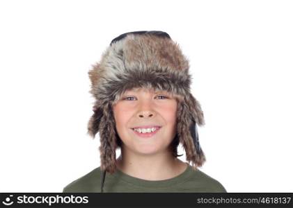 Portrait of adorable child with a leather hat isolated on a over white background