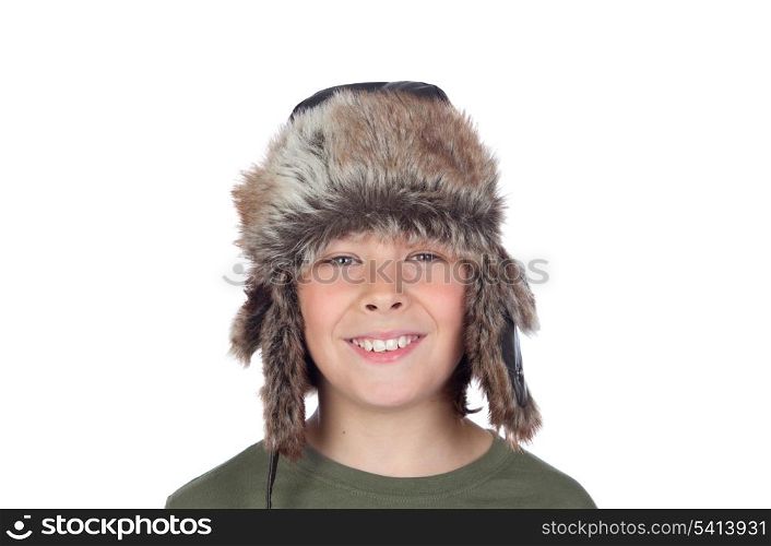 Portrait of adorable child with a leather hat isolated on a over white background