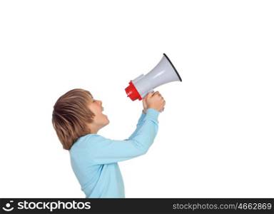 Portrait of adorable child with a megaphone isolated on a over white background
