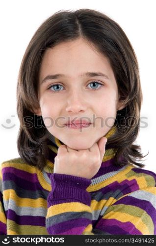 Portrait of adorable girl thinking on a over white background