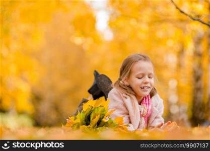 Portrait of adorable little girl with yellow leaves bouquet in fall at autumn park having fun outdoors. Portrait of adorable little girl with yellow leaves bouquet in fall