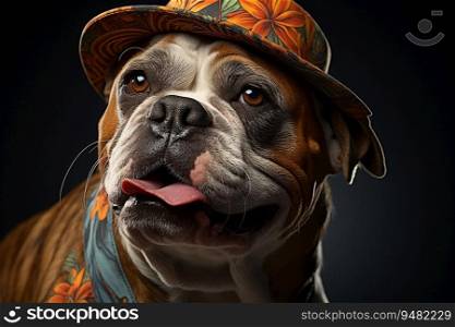 Portrait of adult english bulldog wearing hat and clothes, generative ai