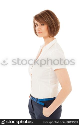 Portrait of adult woman with content facial expression against of white background. Isolated.. Portrait of self-satisfied adult woman
