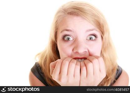 Portrait of afraid businesswoman frightened woman covering mouth with hands isolated on white. Stress in work.