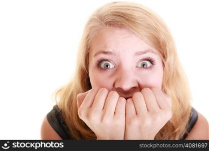 Portrait of afraid businesswoman frightened woman covering mouth with hands isolated on white. Stress in work.