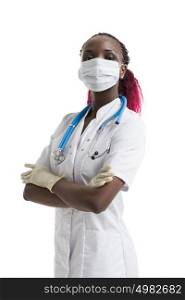 Portrait of african female doctor in mask. Close up shot.