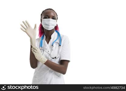 Portrait of african female doctor in mask. Close up shot.