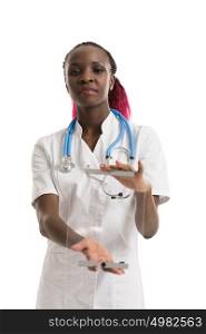 Portrait of african woman doctor holding futuristic tablet computer looking at camera smiling