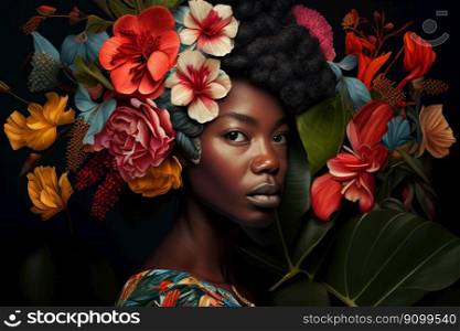 Portrait of African woman with tropical flowers. Ai generated.