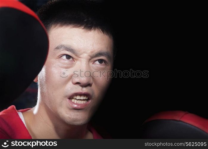 Portrait of aggressive looking boxing coach at the gym holding pads