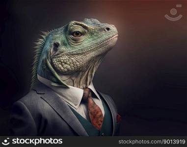 Portrait of aiguana dressed in a formal business suit, boss, generative ai