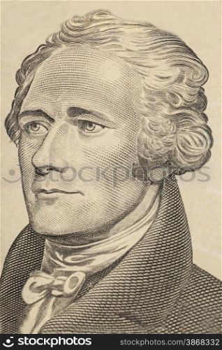 Portrait of Alexander Hamilton in front of the ten dollar bill