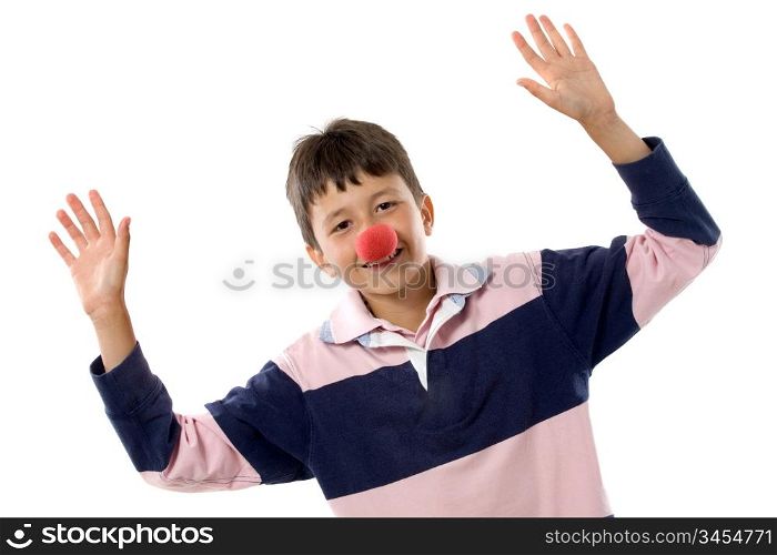 Portrait of an adorable child with a clown nose isolated on white