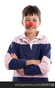 Portrait of an adorable child with a clown nose isolated on white