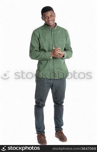 Portrait of an African American man standing with hands clasped over gray background