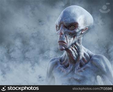 Portrait of an alien creature surrounded by smoke while gazing into the future, 3D rendering.. 3D rendering of an alien creature surrounded by smoke.
