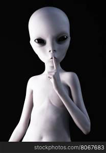 Portrait of an alien hushing with its finger on its lips, 3D rendering. Black background.