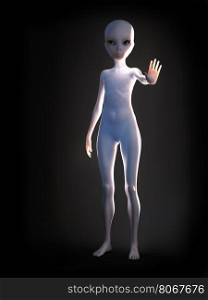 Portrait of an alien standing and holding its arm out like its greeting you, 3D rendering. Black background.