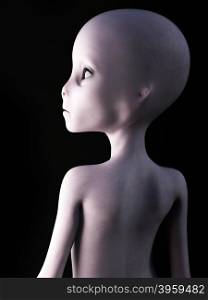 Portrait of an alien with its back to the camera, 3D rendering. Black background.
