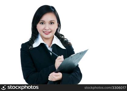 Portrait of an attractive businesswoman writing, isolated on white.