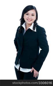 Portrait of an attractive young businesswoman smiling over white background