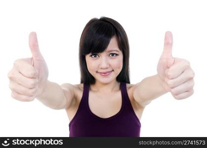 Portrait of an attractive young female giving thumbs up sign over white background.