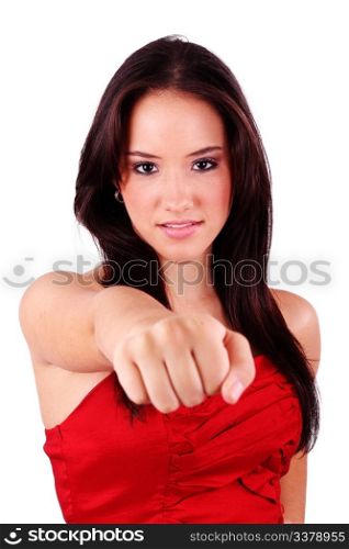 Portrait of an attractive young female punching. Isolated on white background